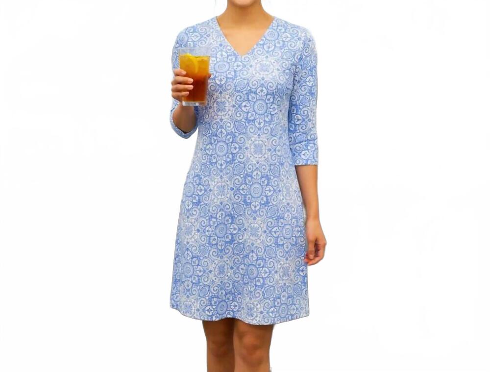 NEW KATHERINE WAY brisbane v neck dress in marrakesh express blue and white